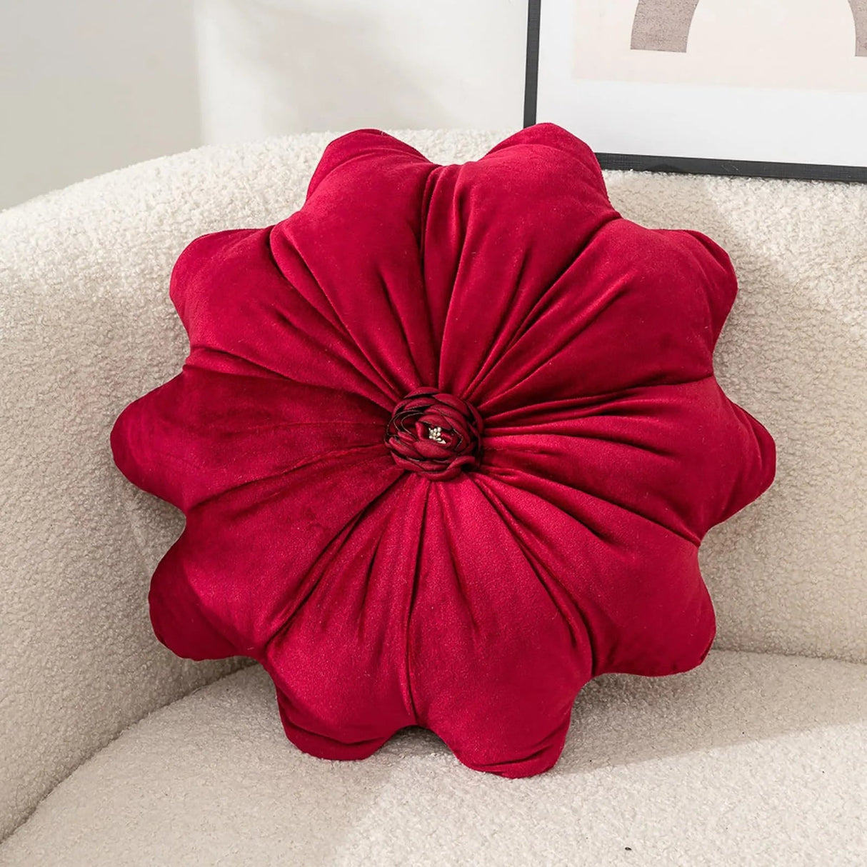 Velvet Round Pillow - Soft Plush Pleated Floral Accent Cushion - flower shaped throw pillows - Hurbane Home