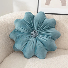 Velvet Round Pillow - Soft Plush Pleated Floral Accent Cushion - flower shaped throw pillows - Hurbane Home