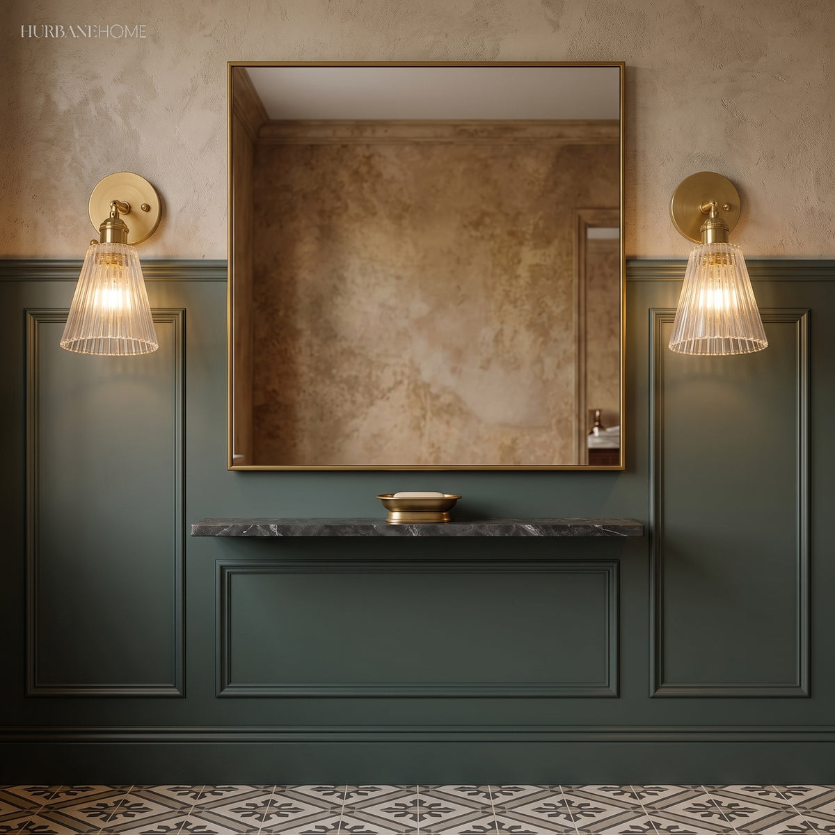Pair of ribbed glass sconces flanking a mirror above a green vanity