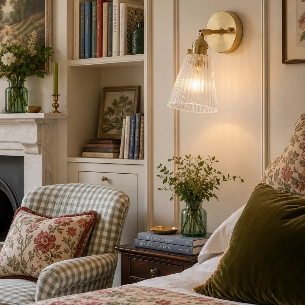 Brass wall sconce beside bookshelves in a sitting room with a fireplace