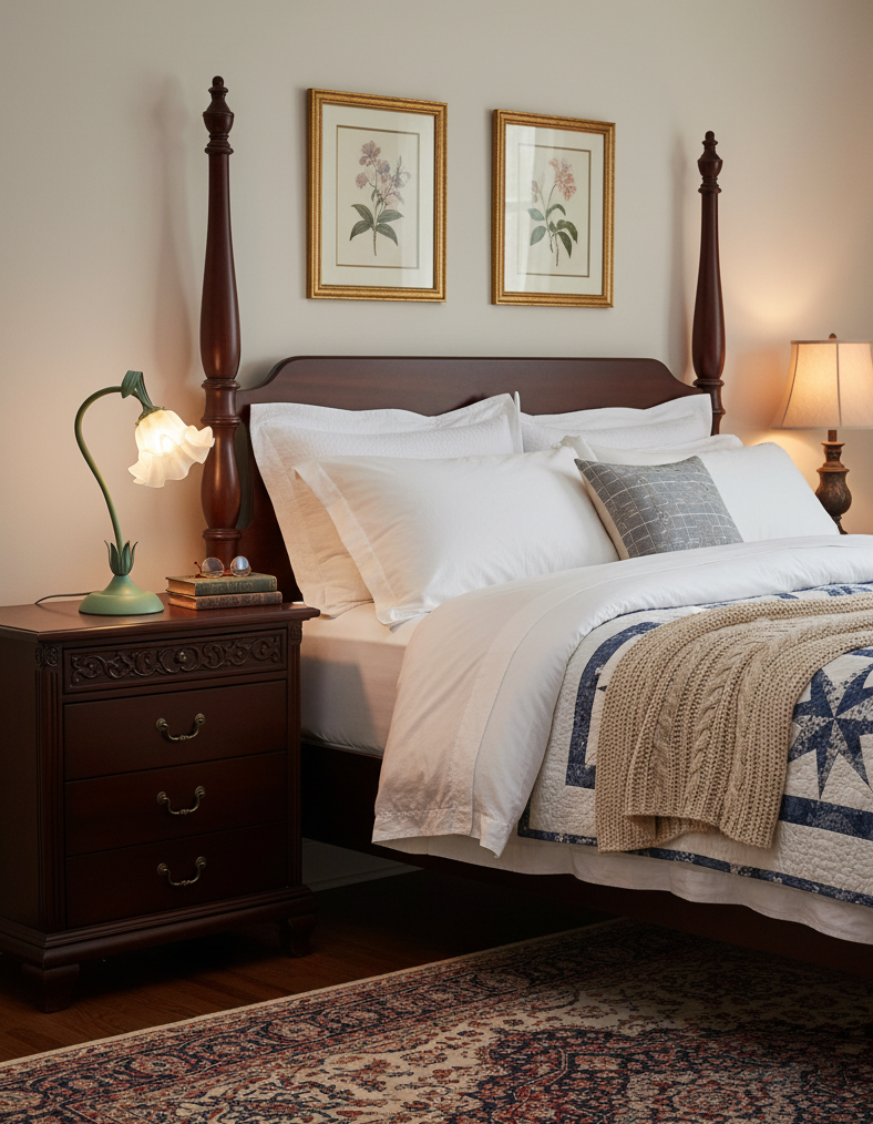 Flower table lamp glowing on a carved nightstand beside a dark four poster bed