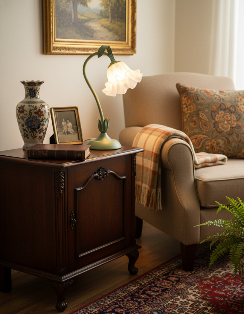 Vintage style flower table lamp on a dark wood cabinet beside a beige armchair