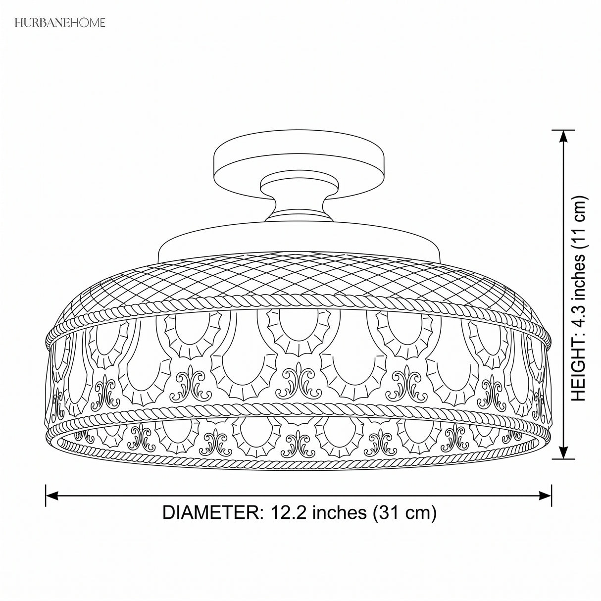 Dimension diagram of the glass ceiling light showing 12.2 in diameter and 4.3 in height