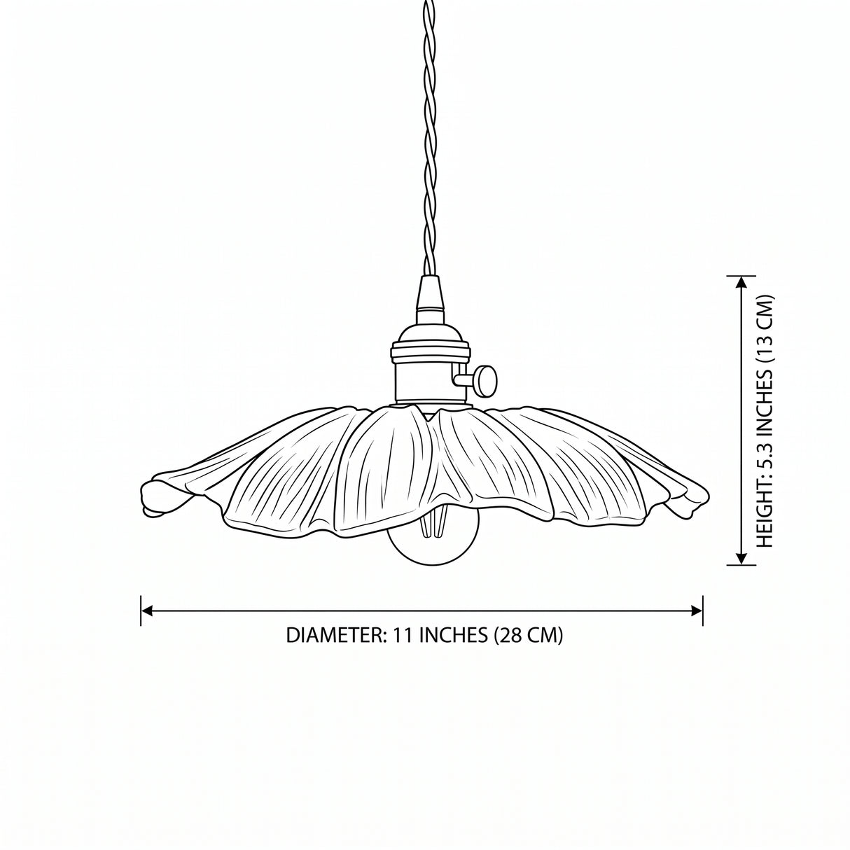 Line drawing showing diameter and height for both flower pendant sizes
