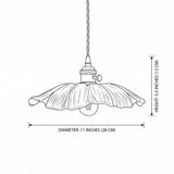 Line drawing showing diameter and height for both flower pendant sizes