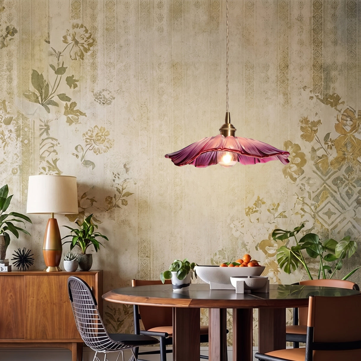 Pink ruffled glass flower pendant above a round dining table and floral wallpaper