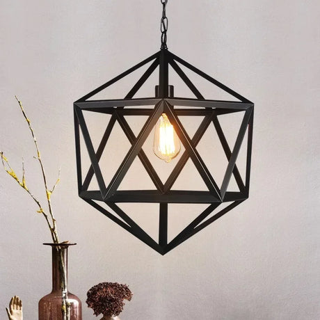 Vintage industrial pendant light hexahedron shape close-up
