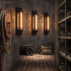 Three cage wall sconces lit along a rough stone corridor wall