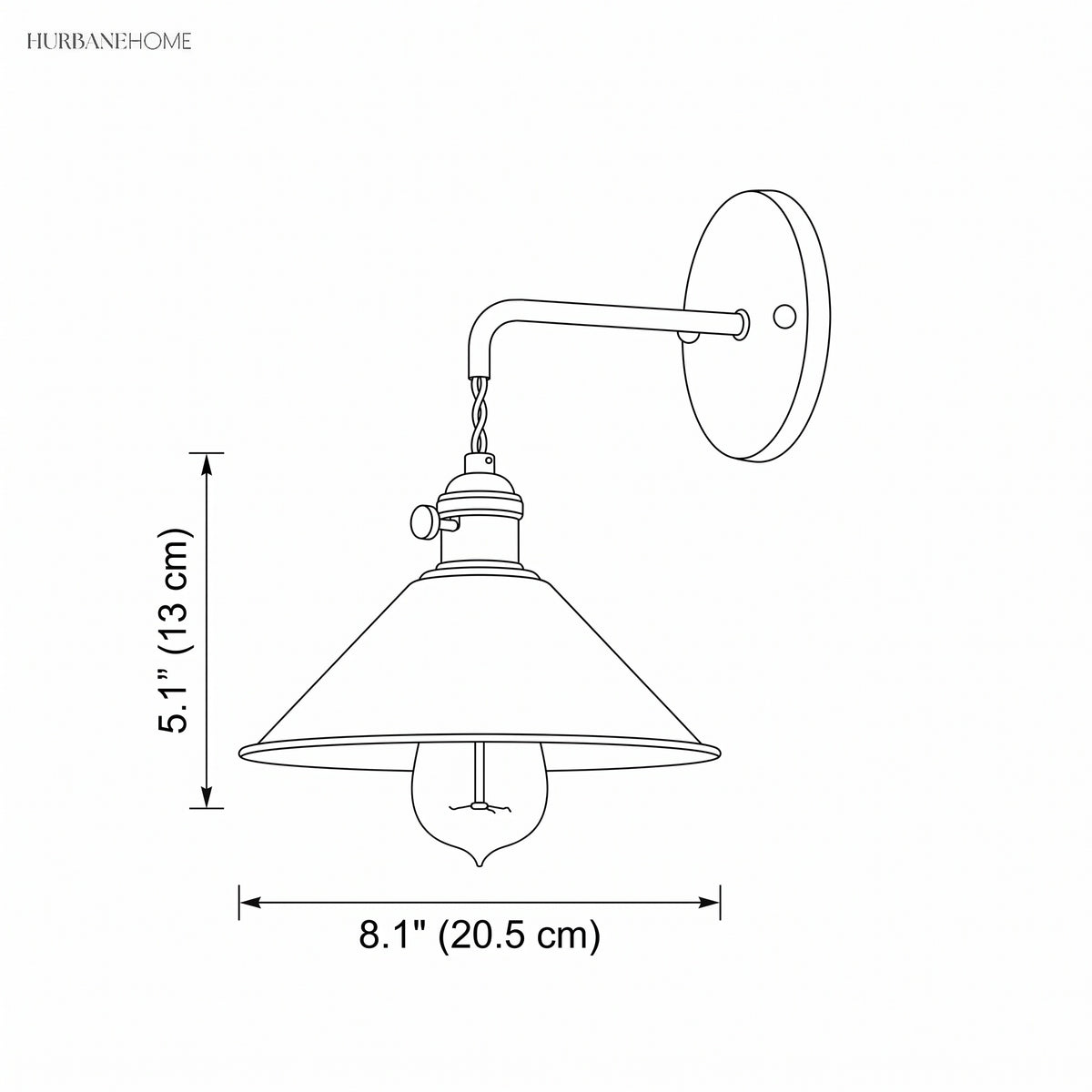 Line drawing of the cone shade sconce with an 8.1 in width label
