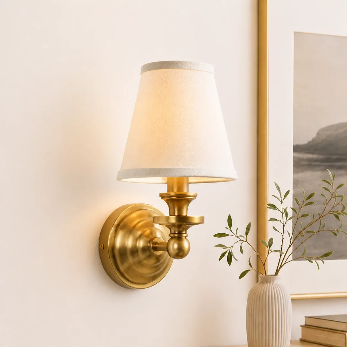 Vintage linen shade wall sconce detail view 19 showing finish and construction