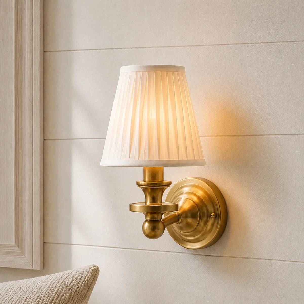 Vintage linen shade wall sconce detail view 20 showing finish and construction