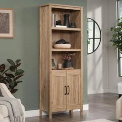 Vintage Wooden Bookcase – Khaki Pine Cabinet with Doors - Rustic Wood Bookcase - Hurbane Home