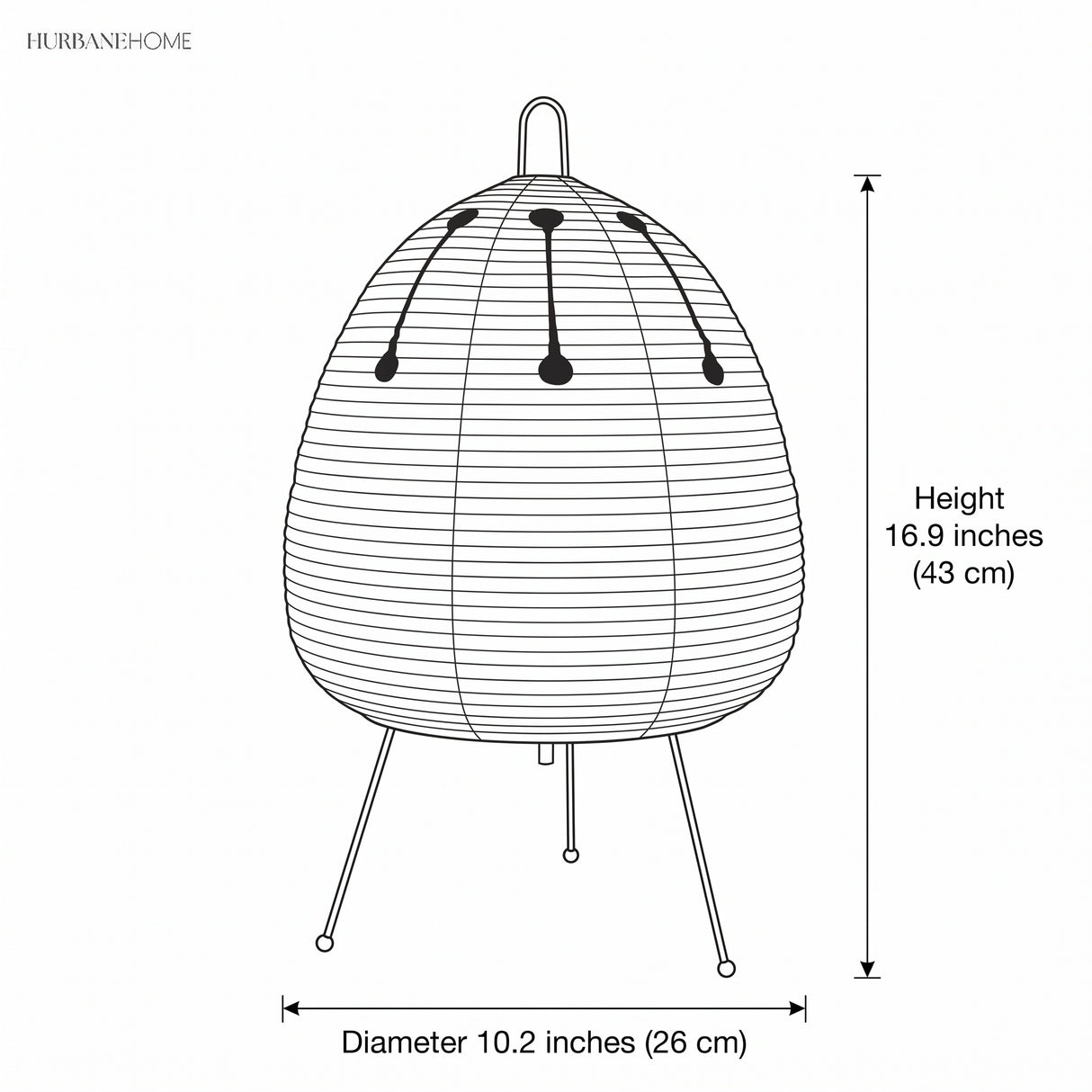 Dimension diagram: rice paper table lamp, height 16.9 inches, diameter 10.2 inches