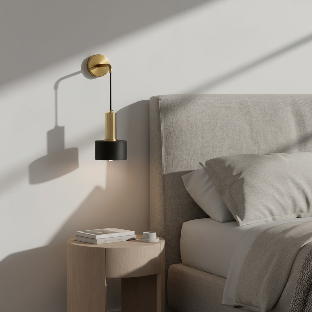 A modern wall-mounted lamp with a gold and black cylindrical shade is shown lit on a bedroom wall beside a bed with neutral bedding and a wooden side table.