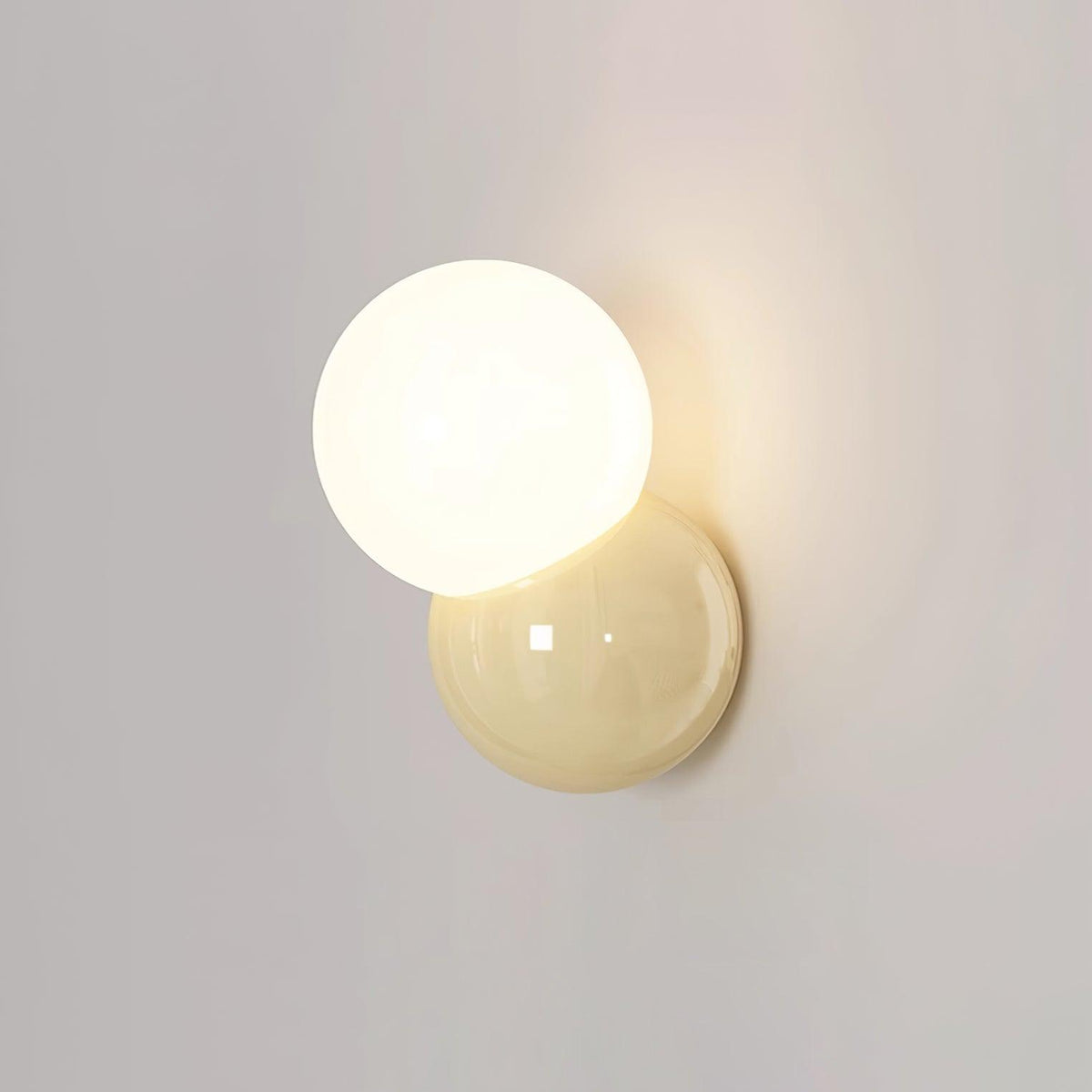 Detail of the glowing opal globe sitting proud of the yellow backplate