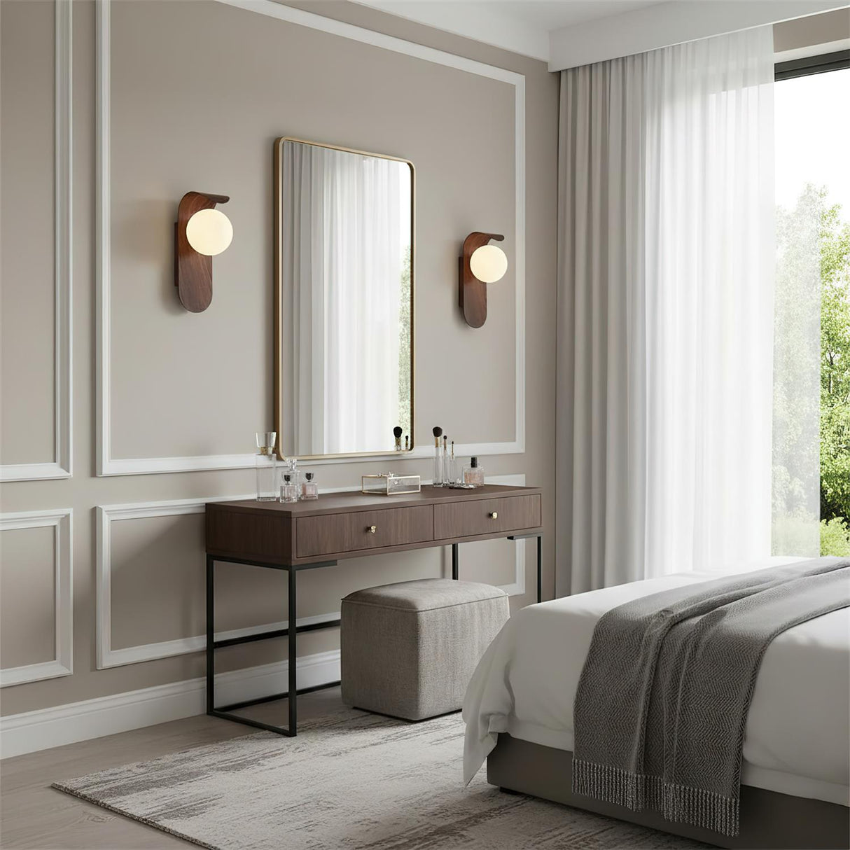 Wall sconce three quarter view highlighting globe and wood finish