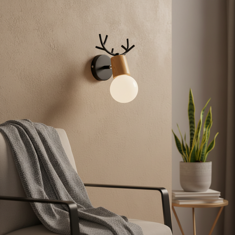 Black antler sconce with a wooden shade and exposed bulb