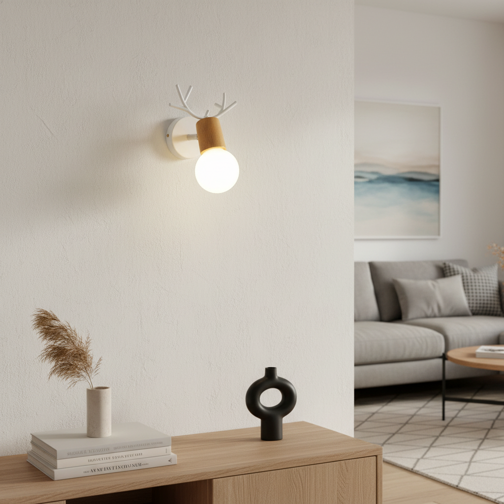 White antler sconce with a wooden shade and exposed bulb
