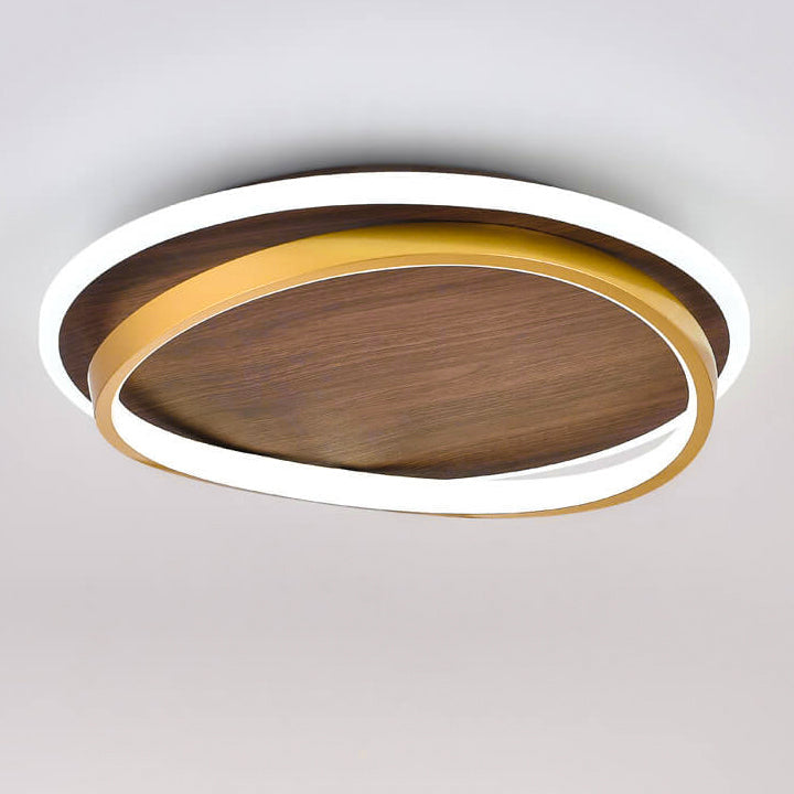 Walnut grain LED flush mount ceiling light seen from below