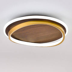 Walnut grain LED flush mount ceiling light seen from below
