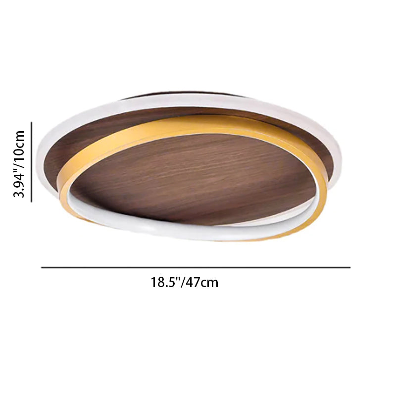 Walnut grain flush mount light photographed at a low angle