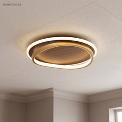 Walnut grain LED ceiling light styled in a warm modern interior