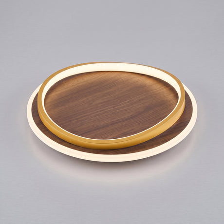 Walnut grain round LED flush mount ceiling light, studio product photo