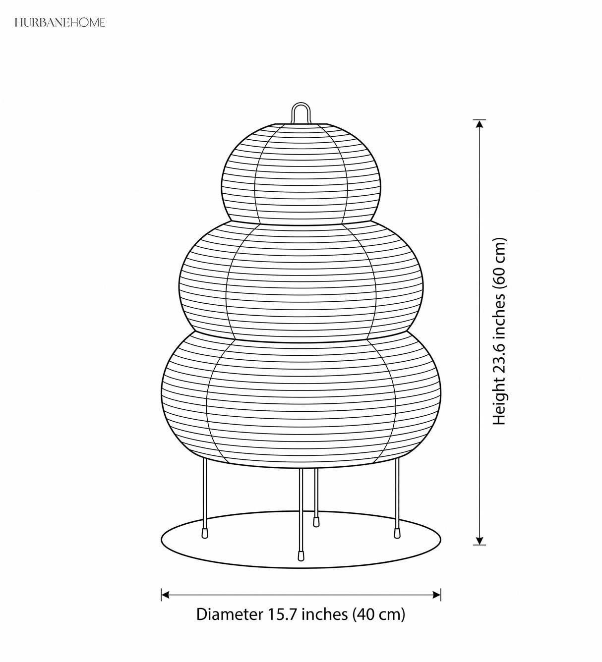 Dimension diagram: rice paper floor lamp, height 23.6 inches, diameter 15.7 inches
