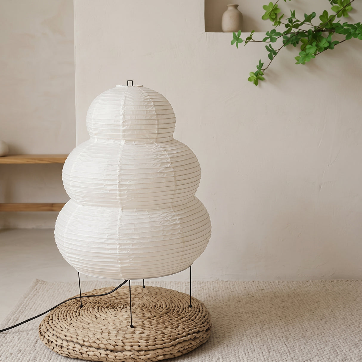Washi rice paper floor lamp with stacked spherical shade on wire legs