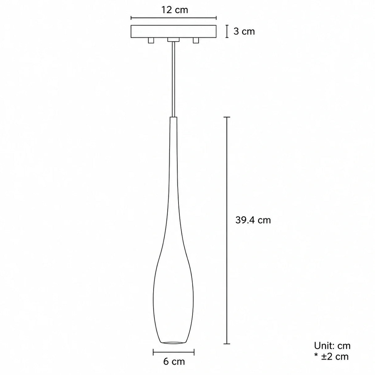 Dimensions diagram of the water drop pendant light showing shade and canopy measurements in cm