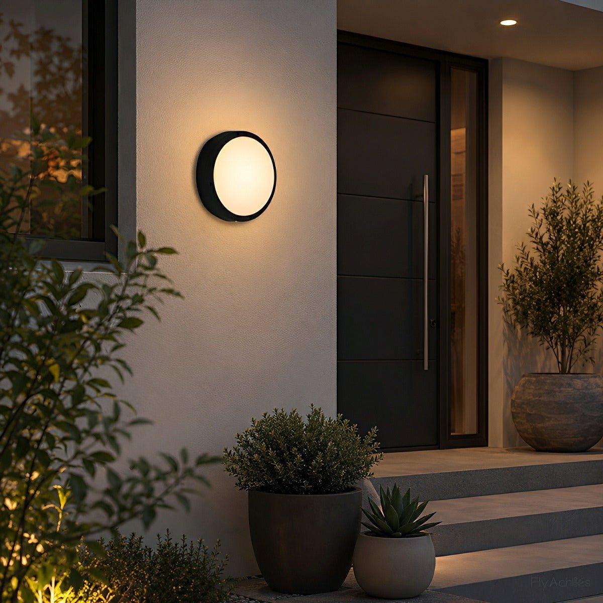 Round LED outdoor porch light detail view 1 showing finish and construction