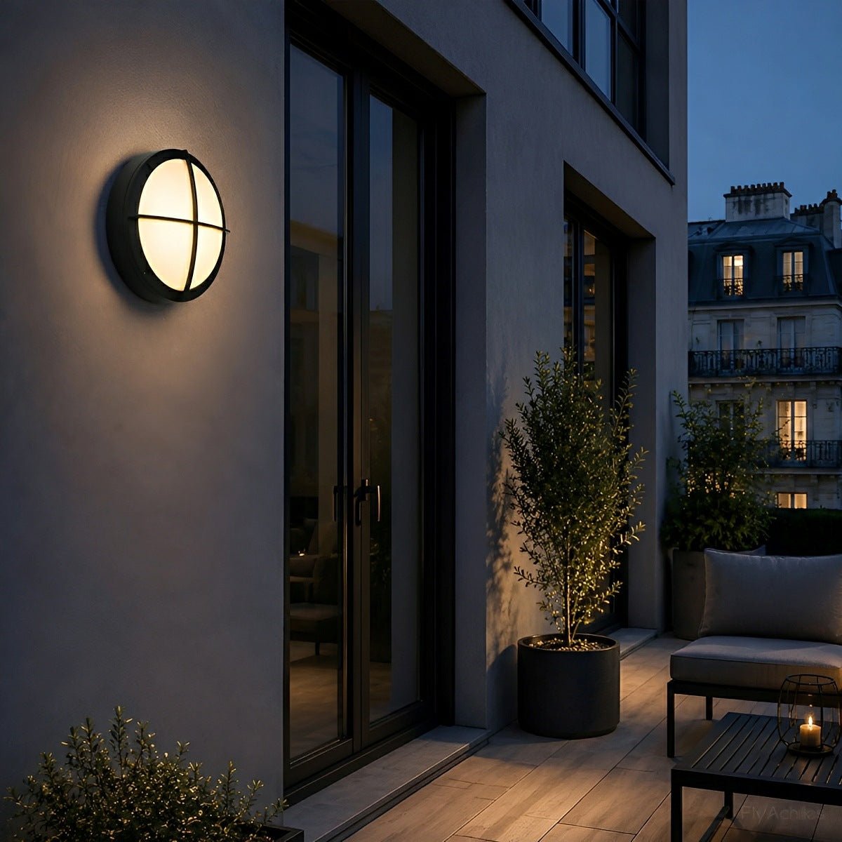 Round LED outdoor porch light detail view 4 showing finish and construction