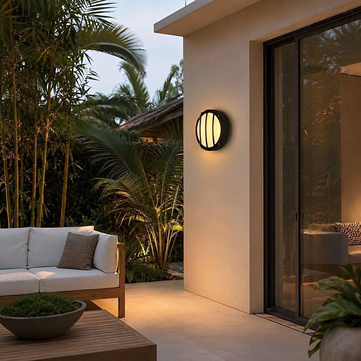 Round LED outdoor porch light detail view 8 showing finish and construction