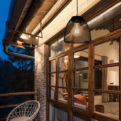 Solar Outdoor Pendant Light with Woven Bell Shade and Chain