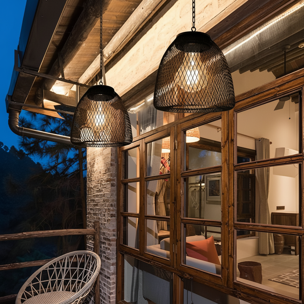 Solar Outdoor Pendant Light with Woven Bell Shade and Chain