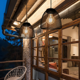 Solar Outdoor Pendant Light with Woven Bell Shade and Chain