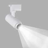 White adjustable track spotlight with extended zoom head and light beam