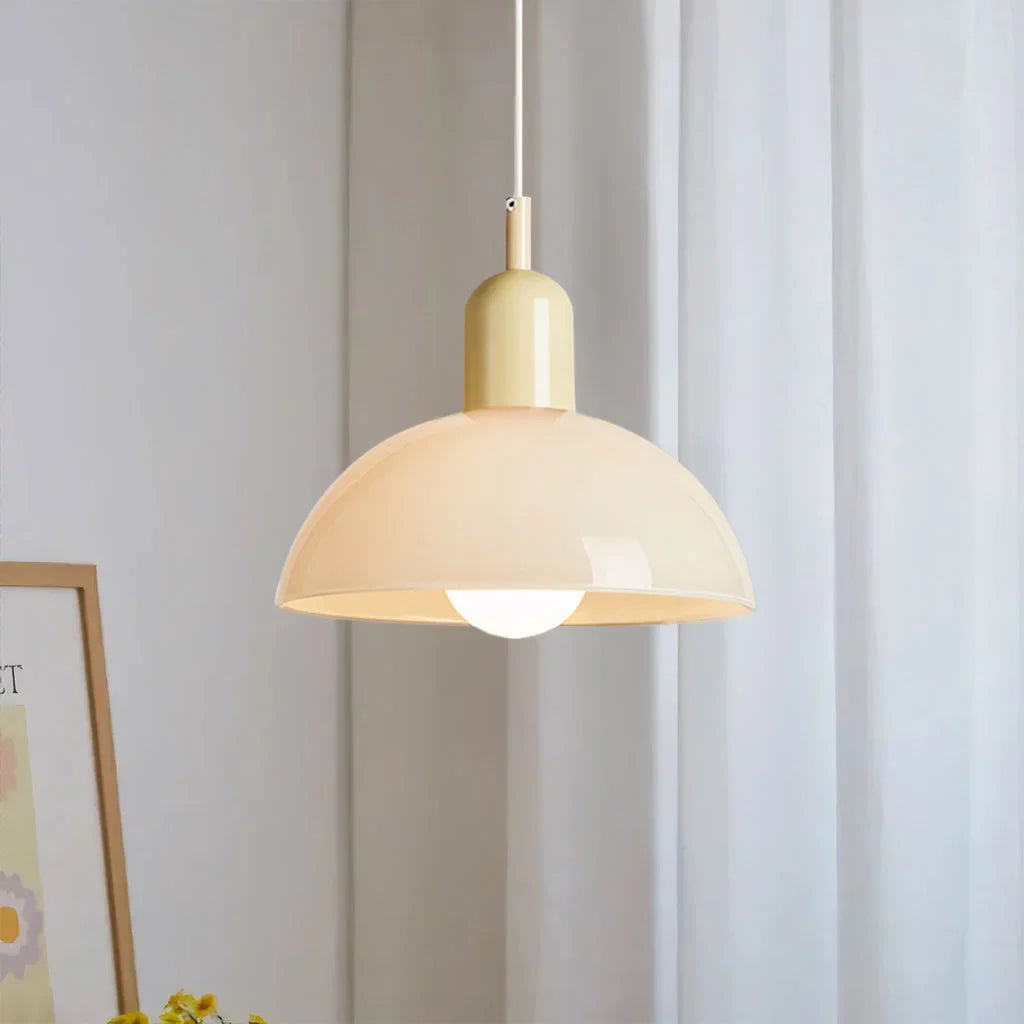White shade bowl pendant light with a coloured metal cap swatch