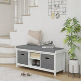 White Fabric Storage Shoe Bench with Cushion and Drawers - Entryway Storage Bench - Hurbane Home
