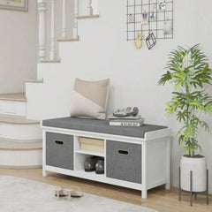White Fabric Storage Shoe Bench with Cushion and Drawers - Entryway Storage Bench - Hurbane Home