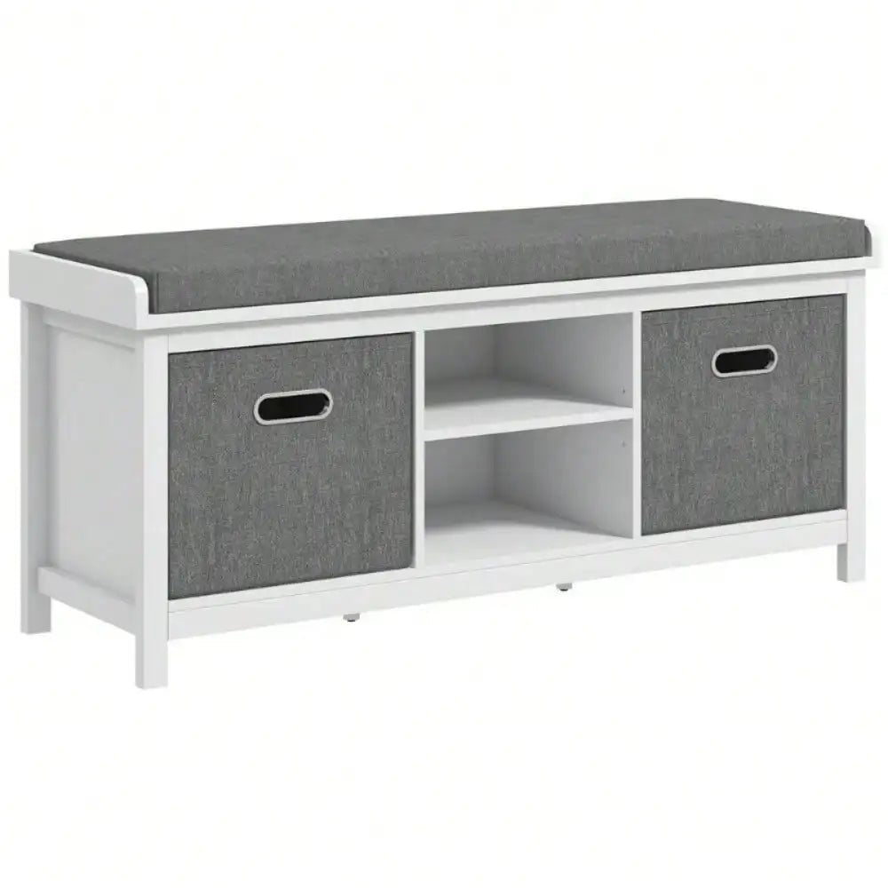 White Fabric Storage Shoe Bench with Cushion and Drawers - Entryway Storage Bench - Hurbane Home