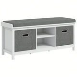 White Fabric Storage Shoe Bench with Cushion and Drawers - Entryway Storage Bench - Hurbane Home