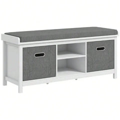 White Fabric Storage Shoe Bench with Cushion and Drawers - Entryway Storage Bench - Hurbane Home