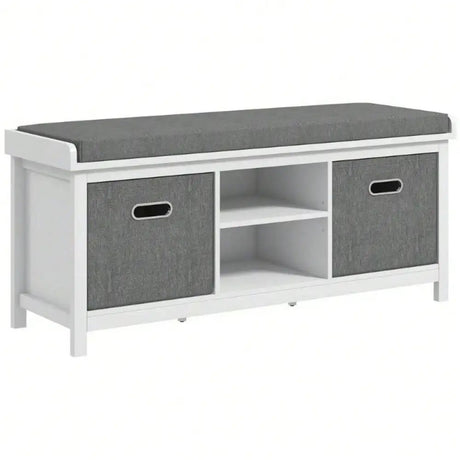 White Fabric Storage Shoe Bench with Cushion and Drawers - Entryway Storage Bench - Hurbane Home