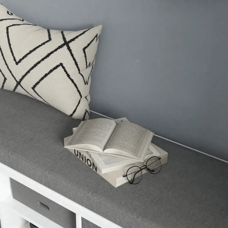 White Fabric Storage Shoe Bench with Cushion and Drawers - Entryway Storage Bench - Hurbane Home