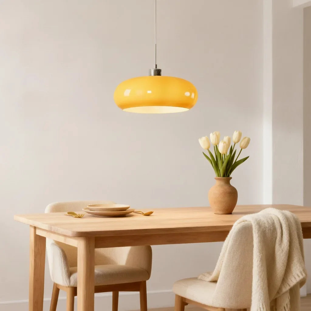 White glass pendant light above a dining table near a framed line-art poster