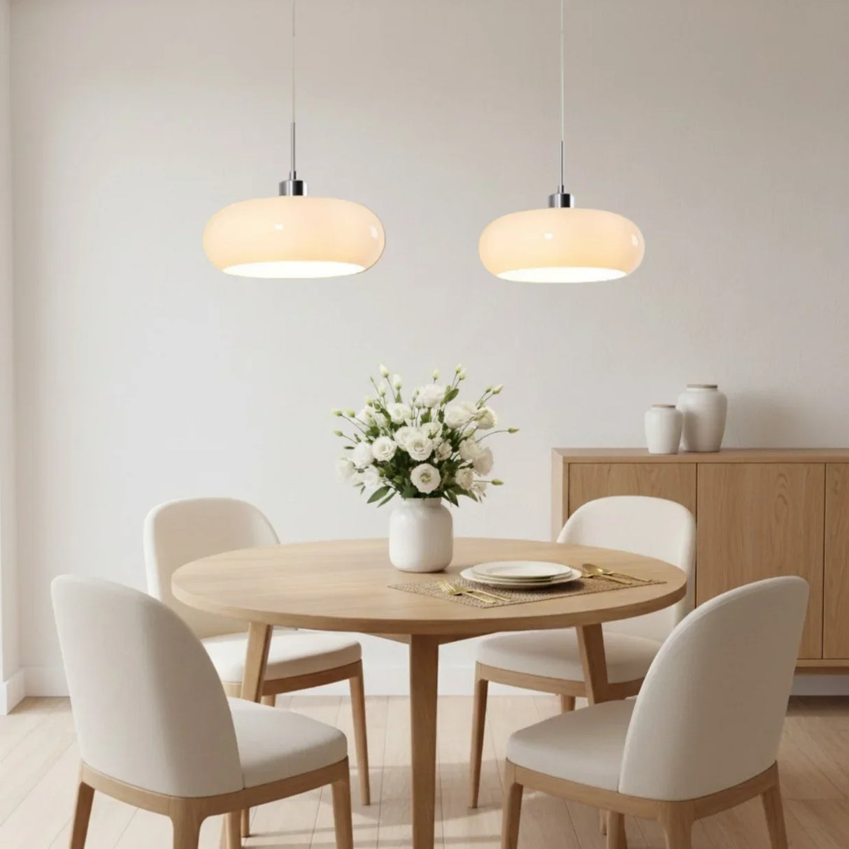 Two cream glass pendant lights over a round dining table with flowers