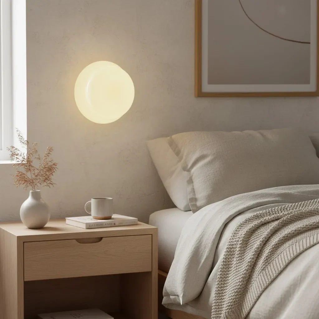 Lit white glass wall sconce beside a bed with oak nightstand