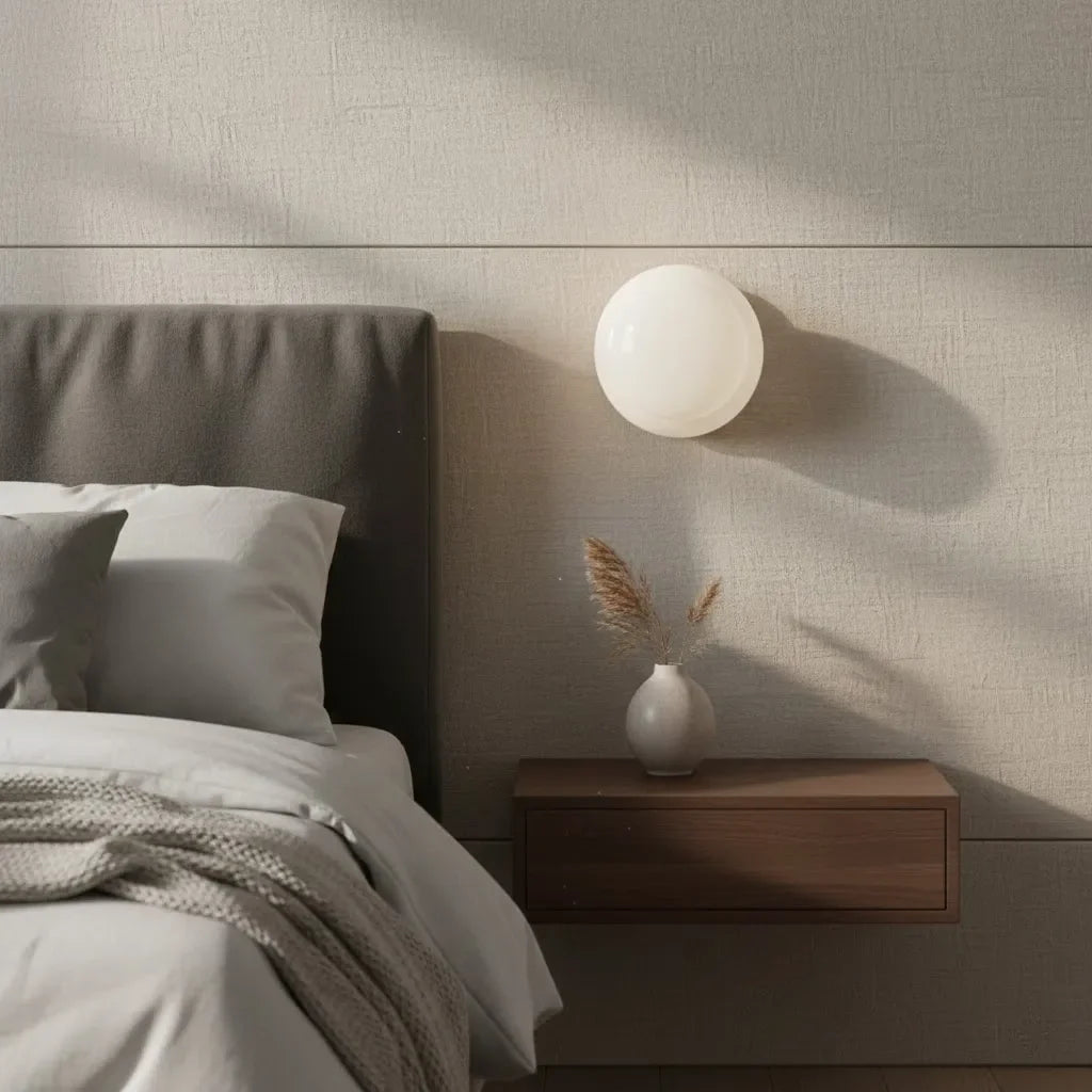 White globe glass wall sconce above walnut floating nightstand in bedroom