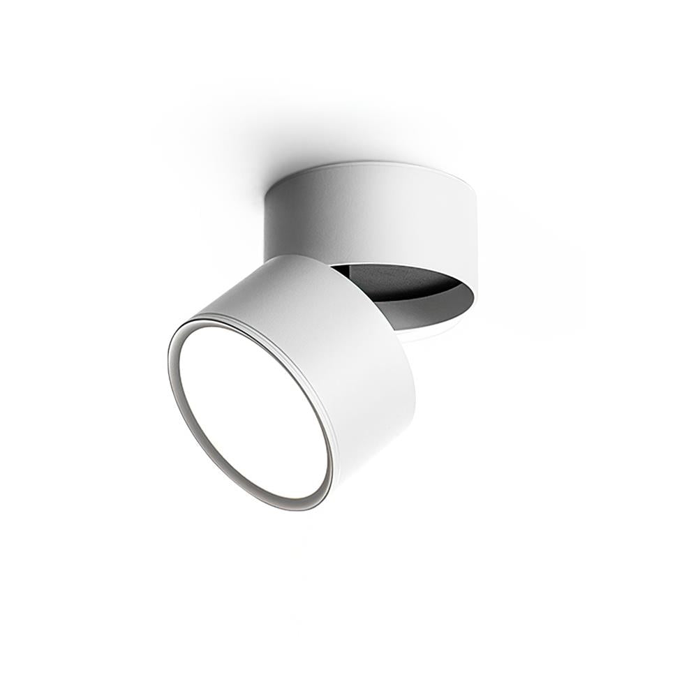 White spot light with a dark inner trim, head tilted down on a plain field